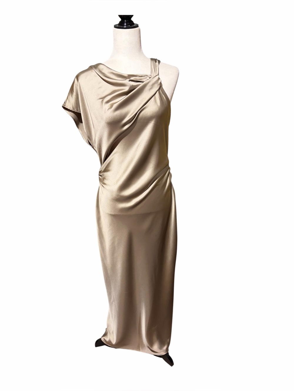 Zara One-Shoulder Satin Dress in Gold/Neutral-Size EURO Large/Size 8 US